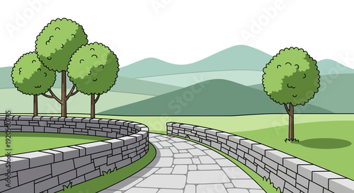 A cartoon illustration depicts a peaceful landscape with trees and a stone wall