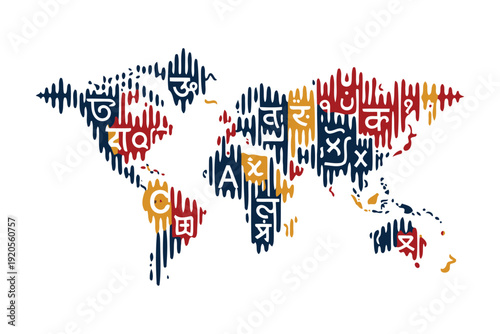 world map made of diverse languages and scripts in colorful pattern