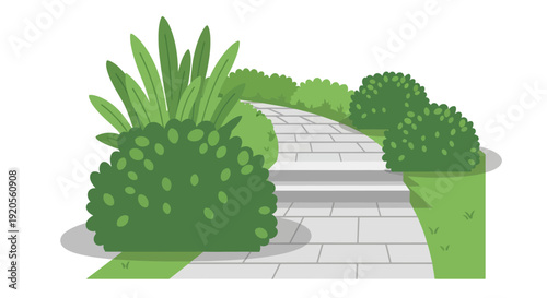 A winding stone pathway through lush green landscaping and shrubs