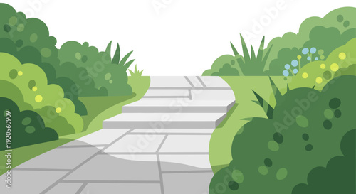 A stone pathway leads through a lush green garden landscape