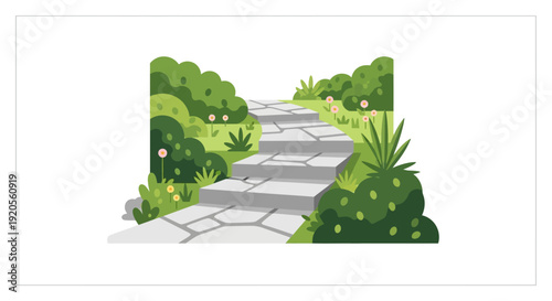 A stone pathway leads through a lush stylized garden landscape