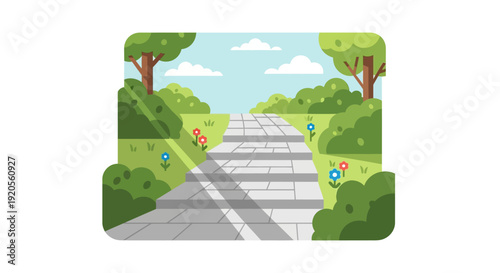 A winding stone pathway leads through a peaceful stylized landscape