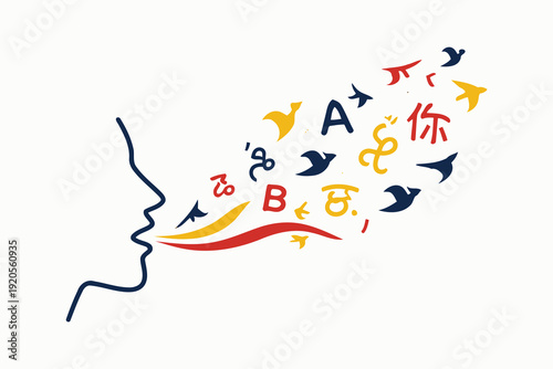 silhouette of person speaking,emitting languages and birds