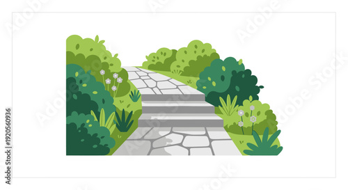 A winding stone pathway leads through a lush green garden landscape