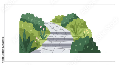 A winding stone pathway leads through a lush stylized garden scene