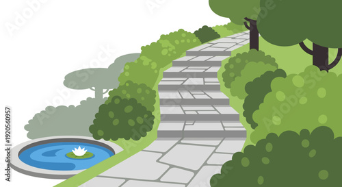 A scenic garden path leads down to a small circular pond