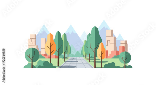 Stylized illustration of a city nestled between mountains and trees