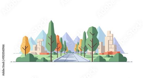 Stylized landscape depicting a road leading to a geometric city
