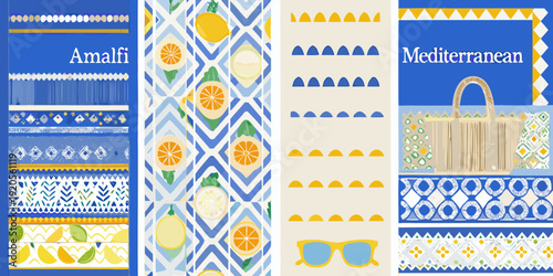 A vibrant collage of amalfi coast inspired patterns and summer elements