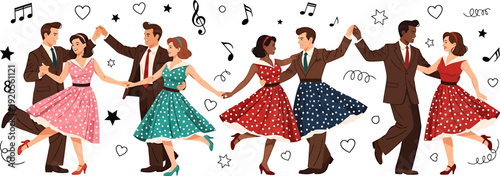 Happy couples dancing retro swing dance with musical notes, hearts, and stars