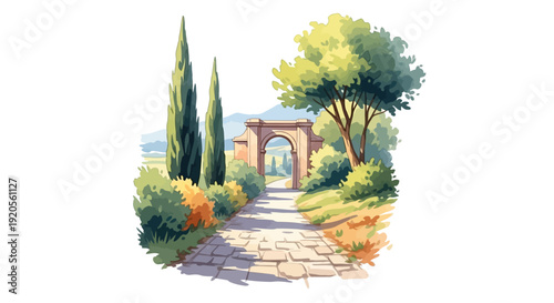 A watercolor painting of an arched gateway leading to a landscape