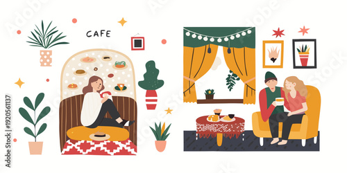 Cozy cafe interior with people relaxing and enjoying beverages