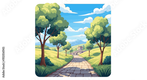 A picturesque landscape featuring a winding path through rolling hills