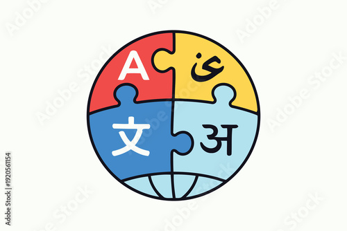 four languages puzzle pieces globe
