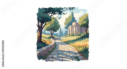 A winding path leads to a classical building amidst lush greenery