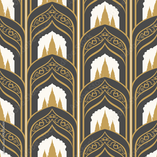 Majestic indian temple arch seamless pattern in modern flat design style for architectural wallpaper and sacred sanctuary background.