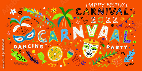 A colorful carnival illustration with masks confetti and festive decorations