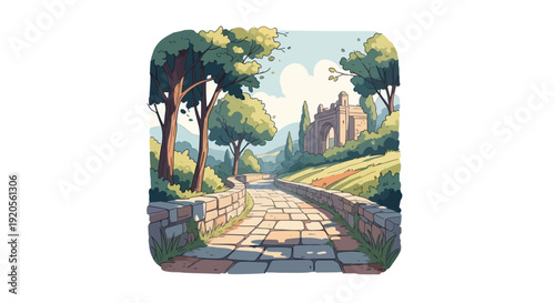 A picturesque path leads toward an ancient architectural structure