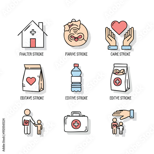 Charity and Donation icon set illustrating aid and support for people in need, showcasing various charitable actions and items