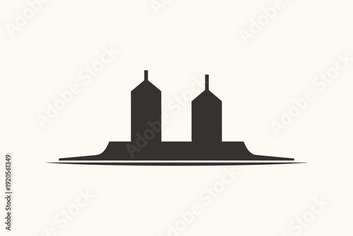Minimalist Abstract Graphic Icon of Two Industrial Factory Buildings or Silos Silhouette