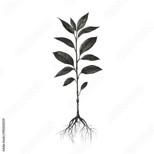 Vintage engraved plant with exposed roots, botanical illustration, monochrome line art, isolated on black background