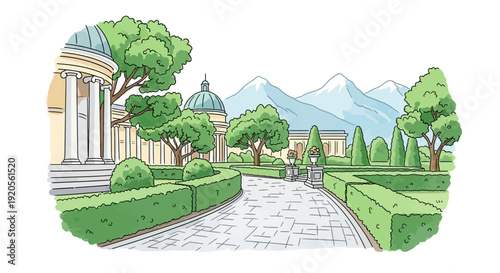 A colorful illustration depicts a classical building with a scenic landscape
