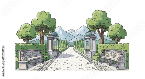 A picturesque garden path leads toward distant mountains and trees