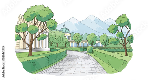 Watercolor illustration of a classical building with a mountain backdrop