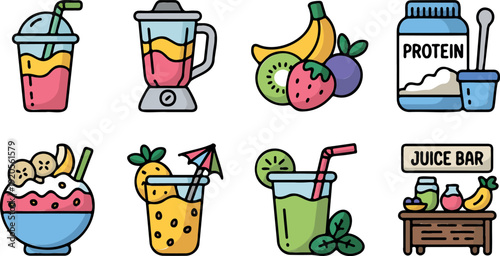 Colorful tropical boba milk tea and smoothie set, cartoon flat design vector illustration