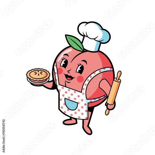 Charming Peach Baker Mascot Holding Freshly Baked Pie and Rolling Pin.