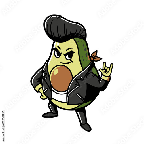 Cool Avocado Rocker Cartoon Character with Pompadour and Leather Jacket.