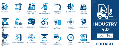 Industry Smart Factory Automation AI Security Vector Icon Set