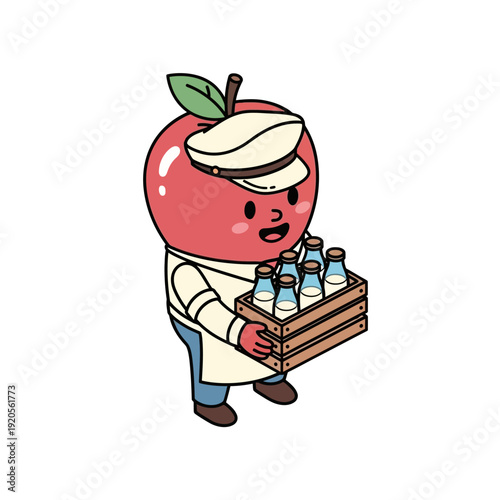 Cute Apple Character Delivering Milk Bottles in a Crate.