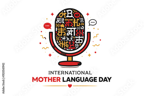microphone on stand with colorful alphabets,celebrating international mother language day