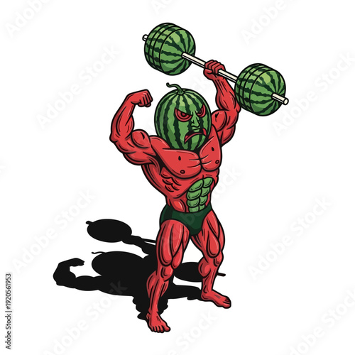 Muscular Watermelon Man Lifting Weights Strong Fruit Character.