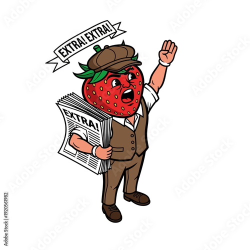 Strawberry Newsboy Character Shouting Extra Extra with Newspaper.