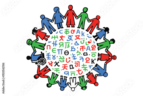 diverse people holding hands in circle around multilingual characters and symbols