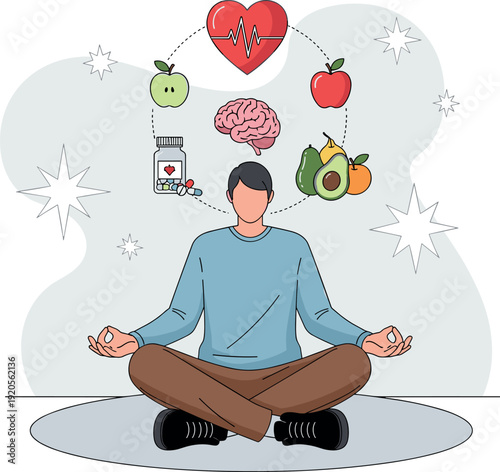 Healthy lifestyle meditation concept with nutrition heart brain and wellness balance vector illustration