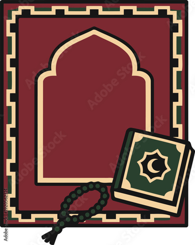 islamic prayer rug with mihrab,quran book,and prayer beads