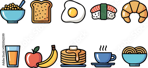 Healthy breakfast cereal, juice, apple and cookie flat design vector illustration