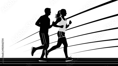 Running man and woman, isolated vector silhouettes. Run, side view. Silhouettes of athletic looking male and female runners running. Transparent background SVG version.