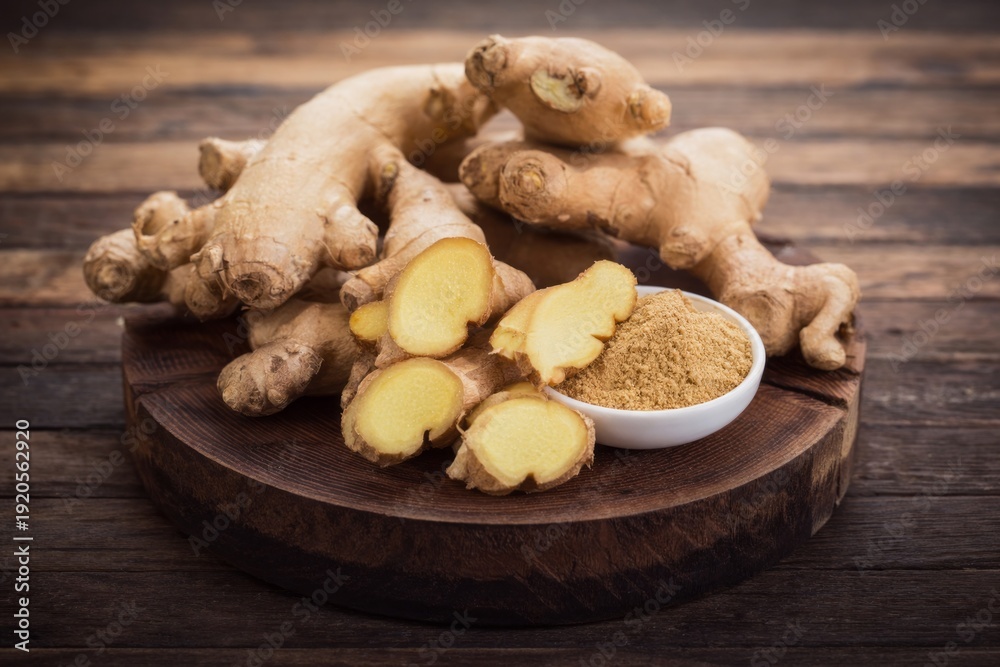 Fototapeta premium Fresh Ginger Roots and Ground Spice on Rustic Wooden Surface.