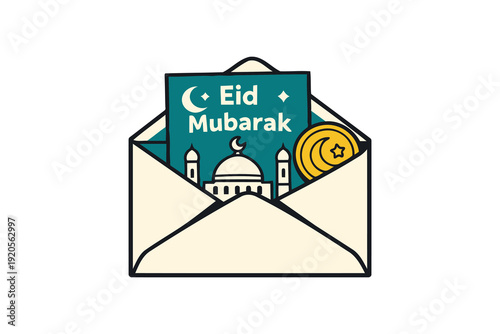 eid mubarak envelope with mosque and gold coin.