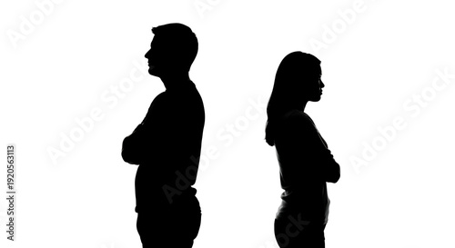 Silhouettes of a man and woman standing back to back, symbolizing a relationship conflict. illustration