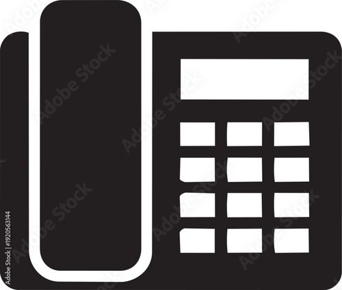 Minimalist black and white icon of a classic landline telephone, symbolizing communication and customer service.