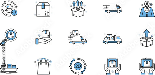 Logistics and delivery outline icons set, shipping boxes transport courier service symbols supply chain line vector illustration pack