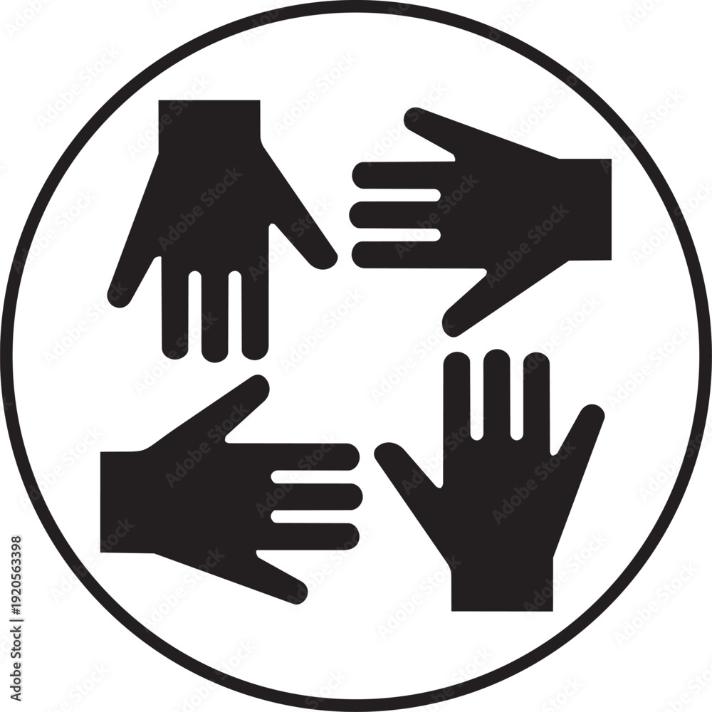Obraz premium Teamwork hands united in circle, representing collaboration and partnership in a minimalist black and white vector graphic.