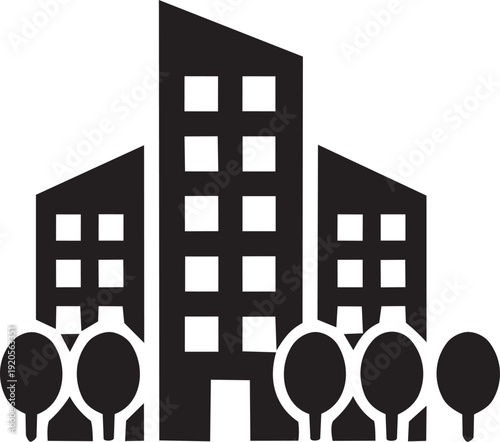 Minimalist black and white vector illustration of a modern office building with trees, representing urban cityscape and corporate environment.
