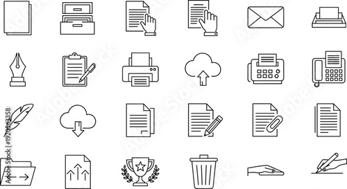 Office document management outline icons set, file archive email printer symbols, paperwork workflow elements, minimal line vector illustration collection design