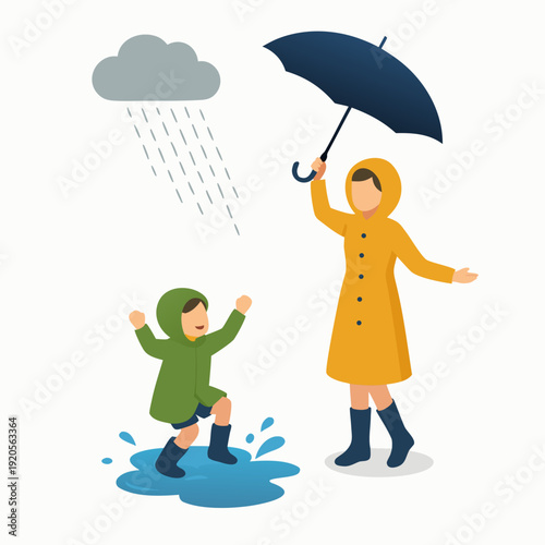 A mother and child playing together in the rain with an umbrella